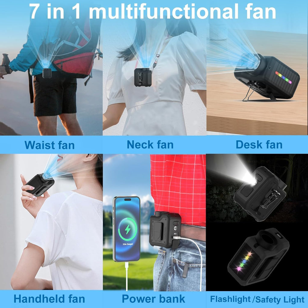 7-in-1: waist, neck, desk, handheld fan, power bank, flashlight, safety light